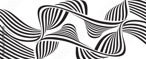 Black on white abstract perspective line wave stripes with 3d dimensional effect isolated on white.
