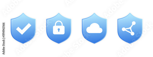 アイスブルー〜ディープコバルトのグラデーション盾型アイコン4種セット（承認チェック・暗号化ロック・クラウド保護・AIノード接続）BtoB向けサイバーセキュリティ・SaaS訴求用ベクターデザイン