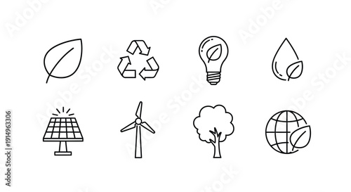 Eight icons representing renewable energy and environmental sustainability