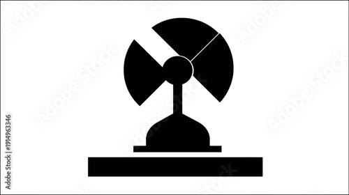 A black and white stylized illustration of an electric fan with a three-blade design