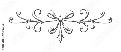 Retro style vignette or decorative divider print for text, book or invitation embellishment, with swirls and floral centerpiece, ornamental art.