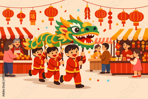 Children performing a lively dragon dance at a festive Chinese New Year market, surrounded by decorated stalls, red lanterns, and joyful crowds.