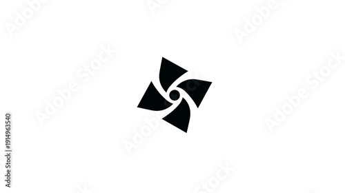 A black, abstract, stylized symbol.  It has four blades that seem to swirl around a central point