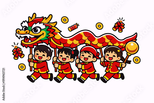 Cute cartoon children performing a vibrant Chinese dragon dance with firecrackers and gold coins, celebrating Lunar New Year.