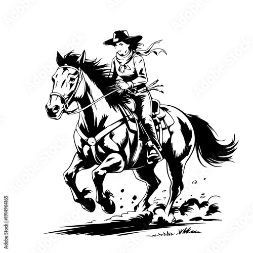 Dynamic Vector Illustration of Fearless Cowgirl Riding Galloping Horse Across Western Prairie Landscape