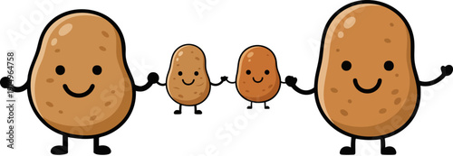 Vector illustration of a happy potato family holding hands, featuring two large and two small brown potatoes with smiling faces, isolated on a transparent background.