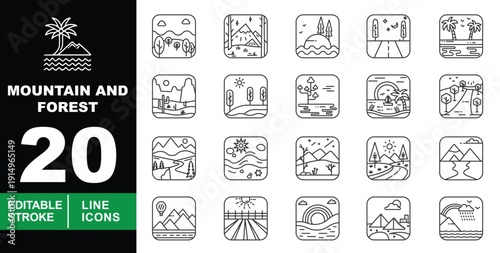 Mountain and Forest Line Icon Set with Frames. Editable stroke icons for travel branding. Featuring desert cactus, tropical islands, snowy peaks, hot air balloons, and scenic nature landscapes.