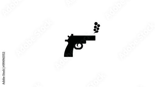 A black silhouette of a handgun firing with a small group of projectiles or smoke
