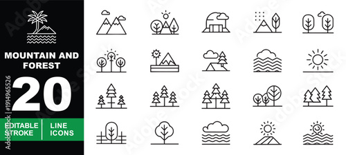Mountain and Forest Line Icon Set. Editable stroke icons for nature adventure & camping. Featuring pine trees, mountains, tents, camping sites, sun, clouds, and lake scenery for outdoor branding.