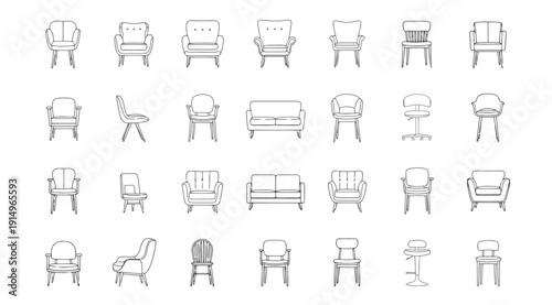 A collection of black and white line drawings of furniture