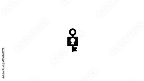 A simple, black graphic of a key with a square keyhole and an attached handle on white