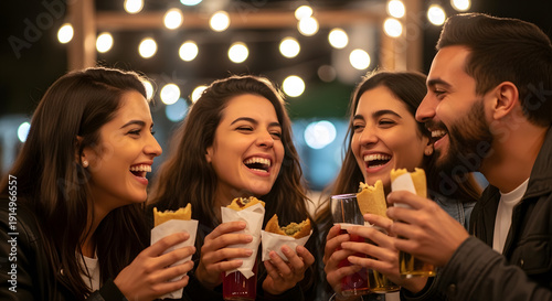 Four diverse friends laughing and eating street food at an outdo