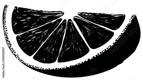 A black and white illustration of a citrus fruit slice, cut in half, showcasing segments
