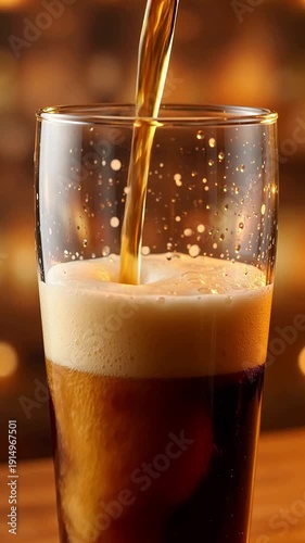 Dark beer being poured into a glass creating a frothy head, close-up shot