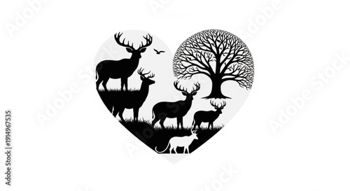 Heart shaped silhouette of deer and tree wildlife conservation symbol black and white illustration