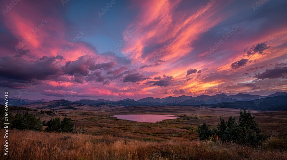 Obraz premium Colorful Cloudscape and Silhouetted Peaks at Sunset
