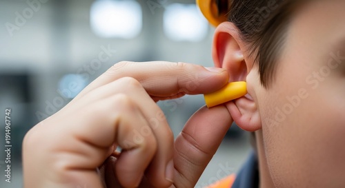 Man inserting yellow earplug into ear, close-up view in an industrial setting