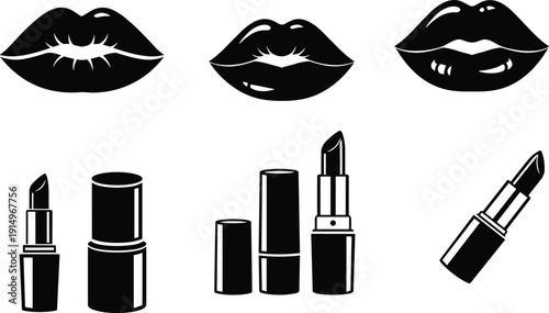 Lipstick and sensual lips silhouette collection with cosmetic makeup icons isolated on white background vector illustration beauty fashion set