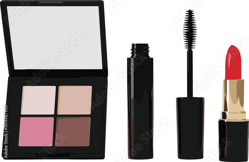 Luxury makeup cosmetics illustration featuring eyeshadow palette mascara and red lipstick isolated flat vector design for beauty fashion branding marketing use advertising