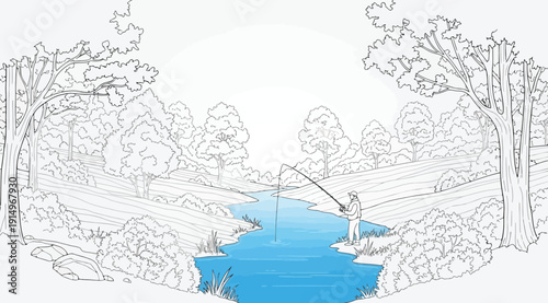 A serene lake scene with trees and a fishing rod