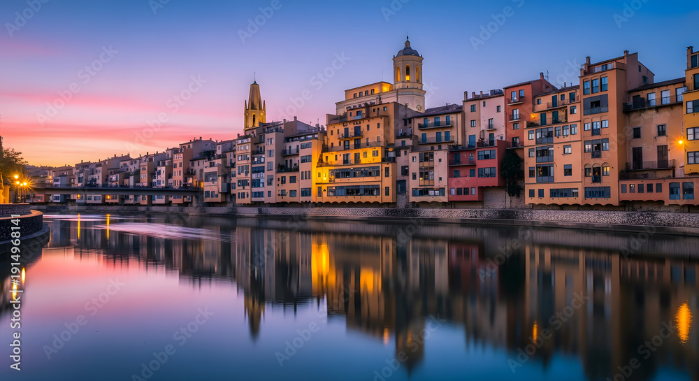 Fototapeta premium Girona Houses along the Onyar River reflecting the colorful suns