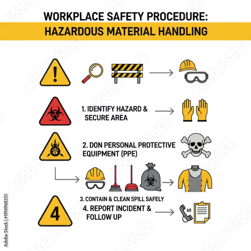 Hazardous Material Handling Safety Procedure Infographic with Warning Signs.