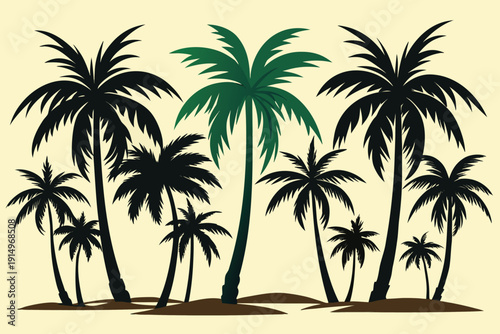 A tropical summer sunset landscape featuring a vector silhouette of coconut palm trees on a Hawaiian beach island nature travel illustration