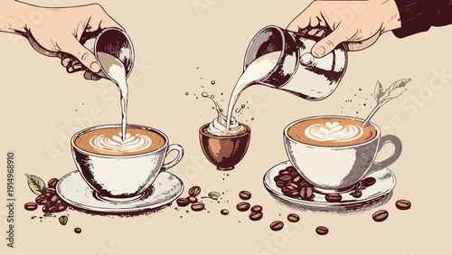 Barista hands pouring milk for latte art