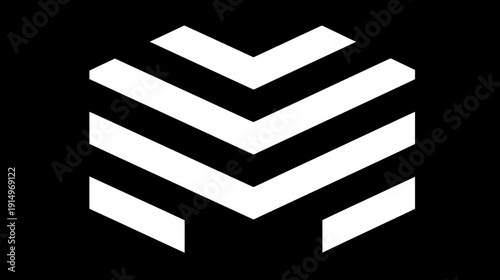 A geometric abstract design with layered white chevrons against a stark black background