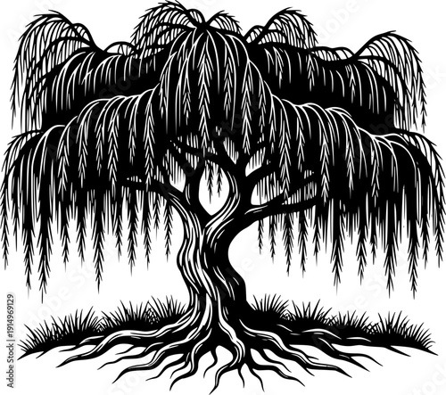 Elegant Weeping Willow Silhouette - Minimalist Botanical Tree with Roots and Grass Vector