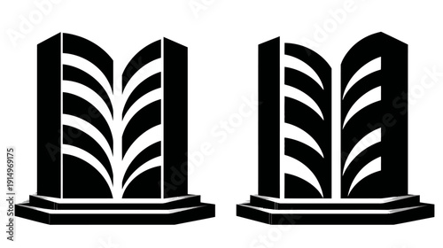 Two symmetrical, stylized pillars in black and white with an art deco feel