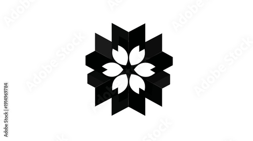A geometric floral design composed of layered black shapes with white petals, set against a white background