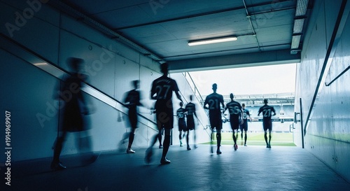 Motion blurred running silhouettes concrete tunnel dramatic entry stadium atmosphere professional sports team football soccer match