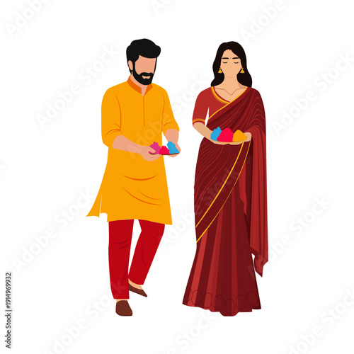 Traditional Indian Couple Celebrating Color Festival Illustration Vector Art, vector illustration.
