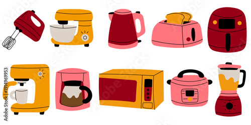 Kitchen Appliances Set Flat Vector. Home Cooking Equipment Collection Illustration. Modern kitchen appliances set including mixer, kettle, toaster, coffee maker, blender, microwave and multicooker.