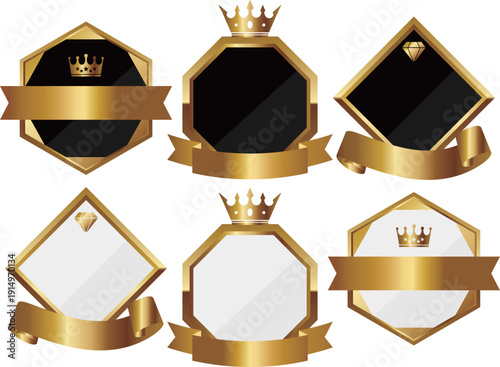 高級感のあるリボン付きエンブレムフレーム6種セット　ブラック＆ホワイト