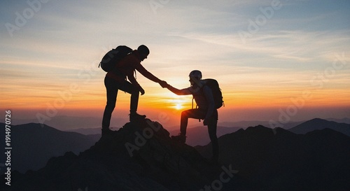 Technical climbing handshake alpine summit gradient teamwork outdoor adventure extreme mountain hiking success