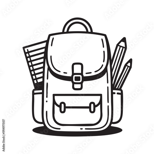 Simple black and white outline drawing of a classic school backpack ready for students carrying books and writing instruments.