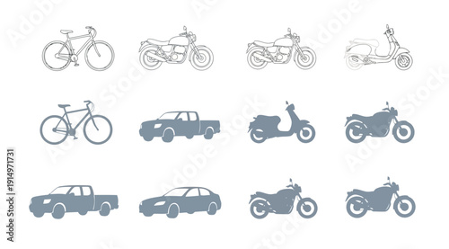 A collection of vehicle and bicycle icons in various styles