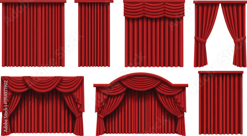 Red theater curtains collection with classic stage drapery valance and elegant window decor isolated on white background vector illustration set
