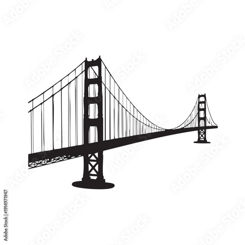 Striking black and white silhouette vector graphic illustrating the iconic suspension structure of the Golden Gate Bridge.