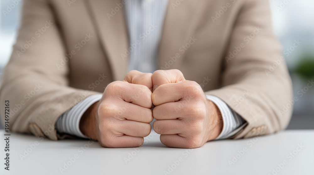 Fototapeta premium Clenched Fists: A close-up view captures a person's hands tightly clenched in fists, conveying a strong sense of determination or tension. 