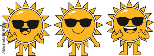 Three smiling cartoon suns wearing sunglasses with different expressions isolated on transparent background