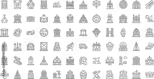 A collection of gray vector icons depicting various architectural landmarks and symbols isolated on transparent background