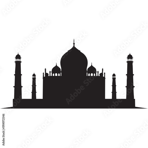 Striking black silhouette vector graphic depicting the iconic Taj Mahal mausoleum structure with its famous minarets against a white background