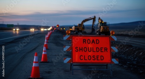 Road Repair Operations: Infrastructure Construction Under Dusk Lighting with Heavy Machinery