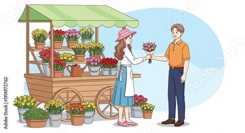 Woman purchasing flowers from a street vendor in a bustling market setting
