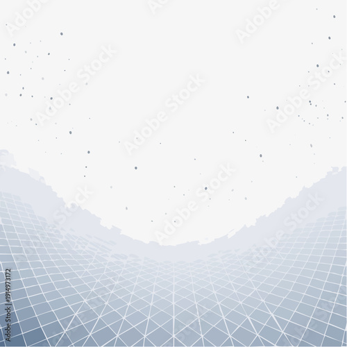 Futuristic digital landscape with a grid floor receding into a hazy white background with scattered dots