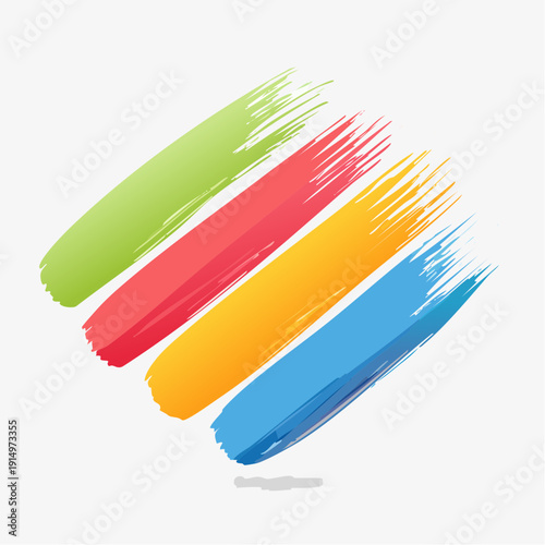 Four diagonal colorful paint brush strokes in green red yellow and blue with a textured effect on a light off-white background creating a vibrant abstract