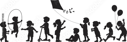 Children playing silhouettes collection, kids jumping rope riding scooter flying kite holding balloons, happy boys and girls black vector set